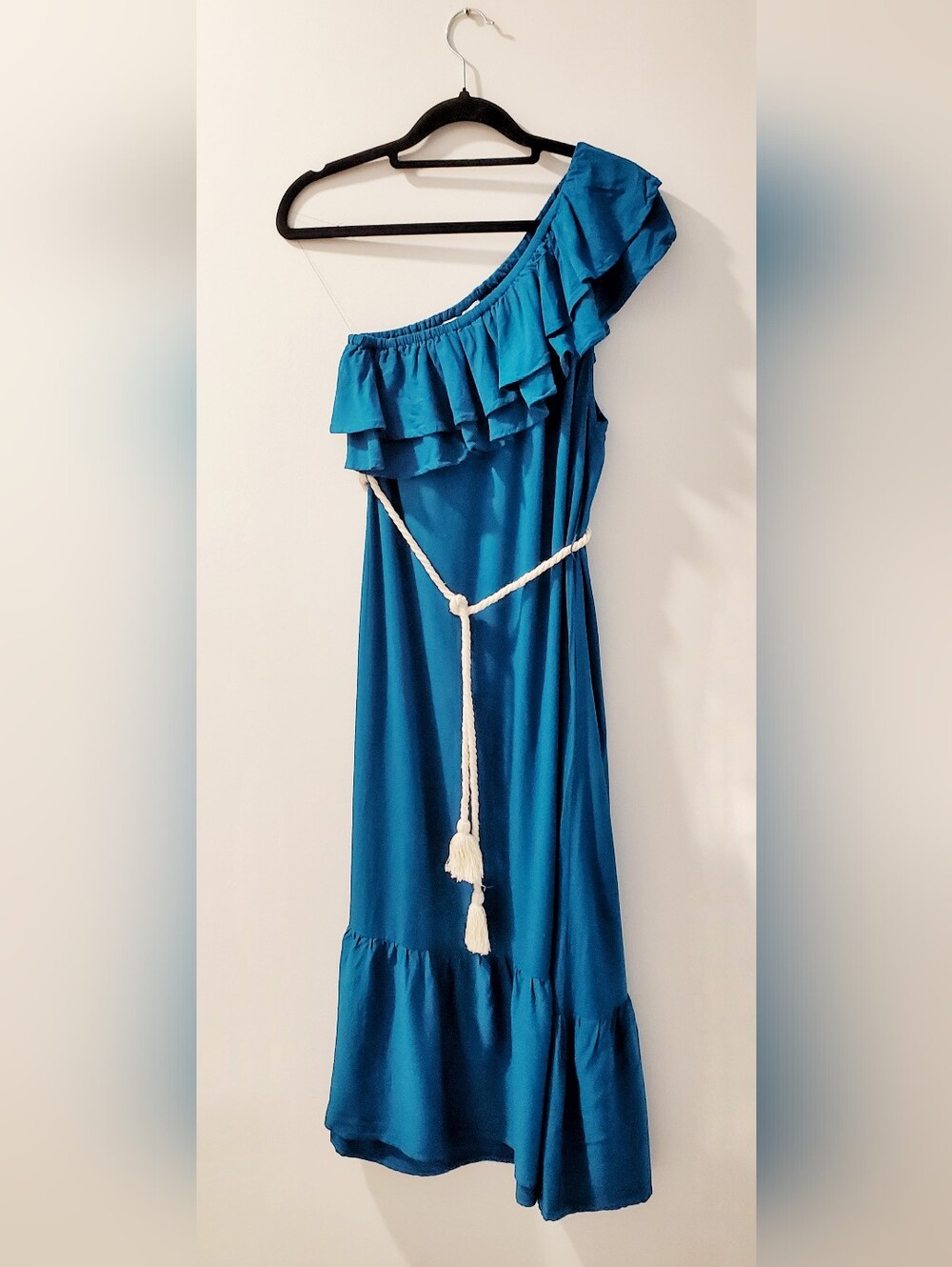 Amiani One-Shoulder Ruffle Maxi Dress in Cobalt Blue